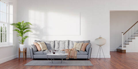 Poster - Large living room loft, bright, sunny interior. Big mockup canvas over sofa. 3D render. 3D illustration.
