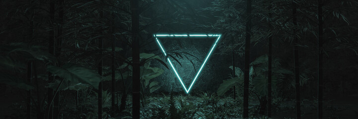 Fototapete - 3d rendering of blue lighten triangle shape surrounded by jungle trees