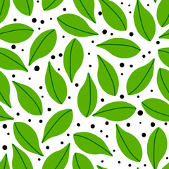 Wall Mural - Leaf pattern seamless in bright colors. Repeat vector dots background with leaves. Greenery drawing. Great as wallpaper, fabric pattern or textile design.