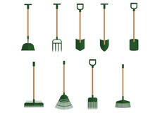 A Set Of Garden Tools From Several Shovels And Different Rakes
