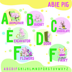 Naklejka na meble ABee Pig english alphabet, letters a -f . Funny alphabet with cartoon pig for baby, for for education, for card, baby clothes. Vector illustration for kids learning English vocabulary.