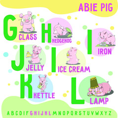 Naklejka na meble ABee Pig english alphabet, letters g - l . Funny alphabet with cartoon pig for baby, for for education, for card, baby clothes. Vector illustration for kids learning English vocabulary.