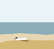 © Warunporn - Boat on the beach. Landscape coast sea view of the tropical ocean. Minimalist image of Scandinavian or Nordic seaside landscape.