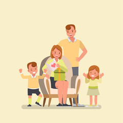 Wall Mural - Happy family character vector design. Son and daughter giving a gifts box to mom.