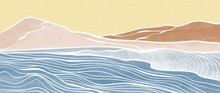 Set Of Creative Minimalist Modern Line Art Print. Abstract Ocean Wave And Mountain Contemporary Aesthetic Backgrounds Landscapes. With Sea, Skyline, Wave. Vector Illustrations