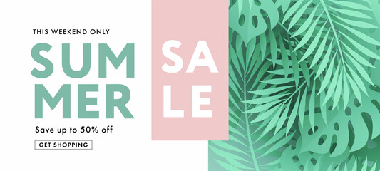 Summer sale banner with tropical leaves and plants in light mint green and soft pink colors with modern typography. Modern design template for sale, horizontal poster, cover, social media, fashion ads