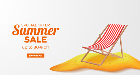 Wall Mural - summer sale offer banner promotion with illustration of folding seat chair relax on the sand beach island