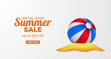 Wall Mural - summer sale offer banner promotion with realistic 3d ball sphere on the sand beach island