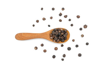 Canvas Print - Black pepper or black peppercorns seeds in wooden spoon isolated on white background