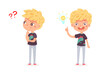 © backup_studio - Thoughtful boy thinking and getting idea. Little pensive child standing with question and receiving answer or solution to problem vector illustration. Cute kid on white background