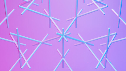 Poster - Scientific or technology abstractions with canes, sticks or rods flying in surreal symmetric structure. Abstract background with purple and blue neon tech structure. 3D illustration