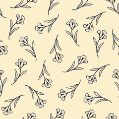 Poster - Hand drawn seamless floral pattern with simple little flower branch. Doodle sketch line style. Vector illustration for nature foliage wallpaper, background, textile design..