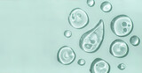 a Aloe vera drops of liquid gel serum , texture micro bubble on green background, beauty concept, horizontal banner.