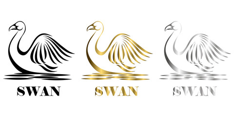 Wall Mural - three color black gold silver line art Vector illustration on a white background of a swan Suitable for making logo