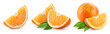 Orange slice isolate. Orange fruit slices and a whole with leaves on white background. Orang with full depth of field.