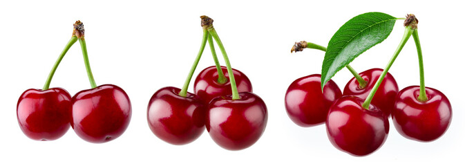 Wall Mural - Cherri isolated. Sour cherry. Cherries with leaves on white background. Sour cherry set.