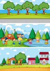 Poster - Set of different horizontal scenes background with doodle kids cartoon character