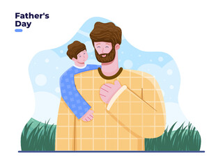 Wall Mural - Greeting Happy Father's Day illustration. Cartoon father and son hugging together. Father and son hugging warmly and lovingly. Suitable for greeting card, banner, poster, invitation, postcard.