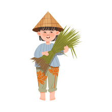 Little Kid As Asian Farmer In Straw Conical Hat Holding Bundle Of Rice Grass Vector Illustration