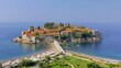 Aman Sveti Stefan. Sveti Stefan. Panorama of St. Stephen's Island. View from above. Aerial photography. Montenegro