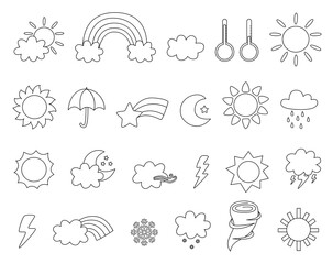 set of cute black and white weather icons. coloring page for kids.