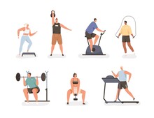 Set Of People During Cardio Exercises And Power Workouts With Gym Equipment. Men And Women Training With Jump Rope, Treadmill, And Dumbbells. Flat Vector Illustration Isolated On White Background