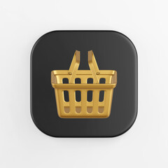 Poster - Supermarket golden shopping basket icon. 3d rendering of black square key button, interface ui ux element.