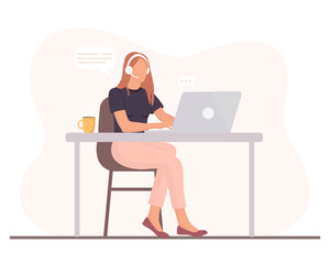 Fototapete - Woman is working  at the desktop with a laptop and headphones with microphone. Concept illustration for support, assistance, call center. Vector illustration in cartoon style
