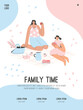 Vector poster of Family Time concept. Mother and daughter at picnic