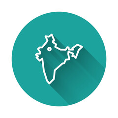 Canvas Print - White line India map icon isolated with long shadow. Green circle button. Vector