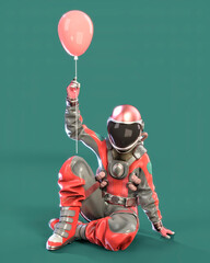 Wall Mural - astronaut sitting on the ground holds pink balloon in hand, pink background. 3d illustration