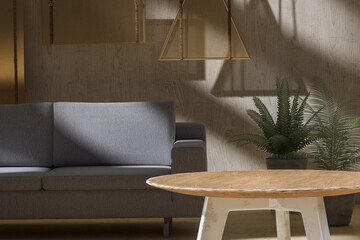 Poster - Loft and vintage interior of living room with sofa, and wood tea table in front.