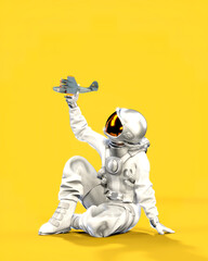 Wall Mural - Astronaut sitting on the ground holds small airplane in hand, yellow background. 3D illustration