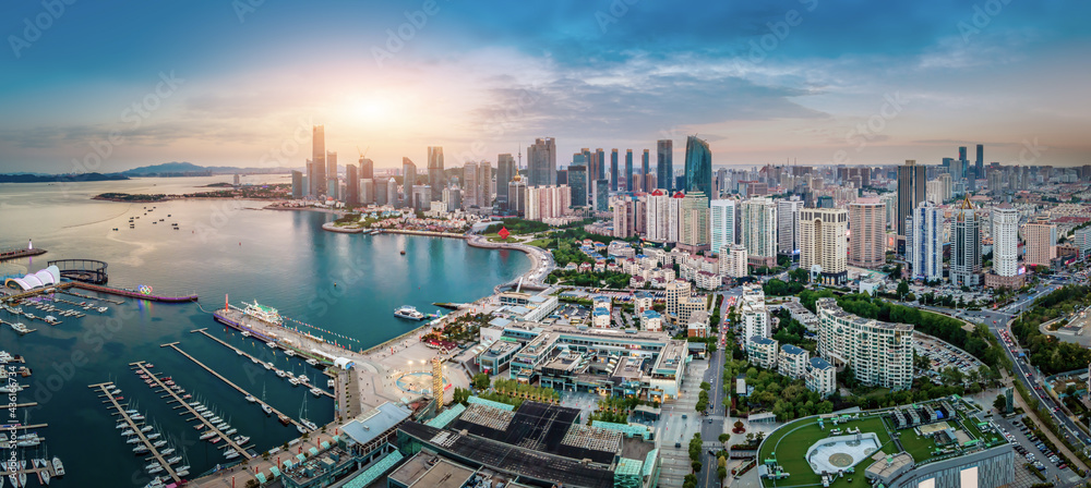 Aerial photography of architectural landscape skyline along Qingdao urban coastline - obrazy, fototapety, plakaty 