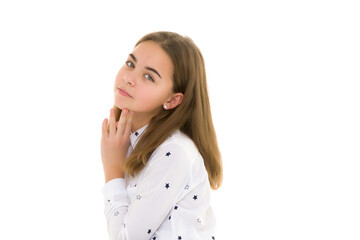 Wall Mural - Portrait of a little girl close-up.Isolated on white background.