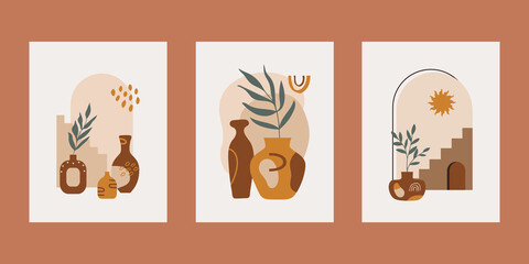 Poster - Modern abstract aesthetic set with pot, vase, balance shapes, stairs and plants. Wall decor in boho style. Mid century vector print for cover, wallpaper, card, social media, interior decor	

