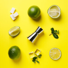 Wall Mural - Geometric composition with ingredients for a Mojito cocktail isolated on a bright yellow background. Minimal fruit drink concept. Cocktail shaker with lime, mint and ice cubes.