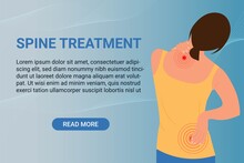 Spine Treatment Banner With Young Woman Holding Hands On Neck In Back Pain.Pain In Necklifts  Neck Injury.Vector Illustration