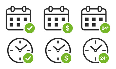 Poster - flat design calendar and clock icon set. calendar and clock with green check mark, dollar, 24 hour l