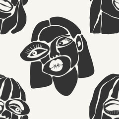 Wall Mural - Seamless pattern of minimalist contemporary portrait woman beauty surreal face