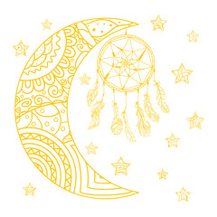 Wall Mural - Half moon and stars. Dreamcatcher. Abstract patterns on isolation background. Design for spiritual relaxation for adults. Line art. Outline for tattoo, printing on t-shirts, posters