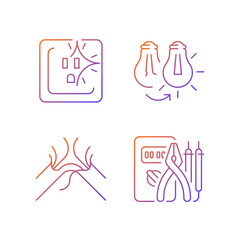 Wall Mural - Electrician service gradient linear vector icons set. Sparking outlet. Changing lightbulb. Frayed, tattered cord. Thin line contour symbols bundle. Isolated vector outline illustrations collection