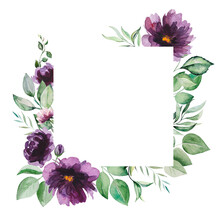 Watercolor Purple Flowers And Green Leaves Frame Illustration