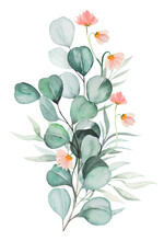 Watercolor Pink Flowers And Green Leaves Bouquet Illustration