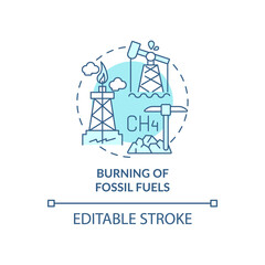 Fossil fuels burning concept icon. Human CO2 cause abstract idea thin line illustration. Greenhouse gases releasing. Industrial sector. Vector isolated outline color drawing. Editable stroke