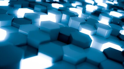 Poster - Blue and luminescent hexagon modules in random waving motion. 4K seamless loop. Abstract technology, data and engineering motion background. Perspective and depth of field settings. 3D rendering.
