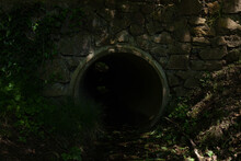 Dark Round Tunnel Entrance Somewhere Deep In The Forest, Spooky And Mysterious 