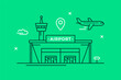 Linear vector illustration with airport terminal, observation tower and airplane. Airport outline outline icon.