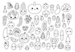 Big set of vegetables and fruits with face. Coloring book for children. Cute cartoon food characters with faces. Black white outline vector illustration.