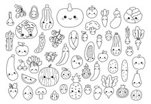 Big Set Of Vegetables And Fruits With Face. Coloring Book For Children. Cute Cartoon Food Characters With Faces. Black White Outline Vector Illustration.